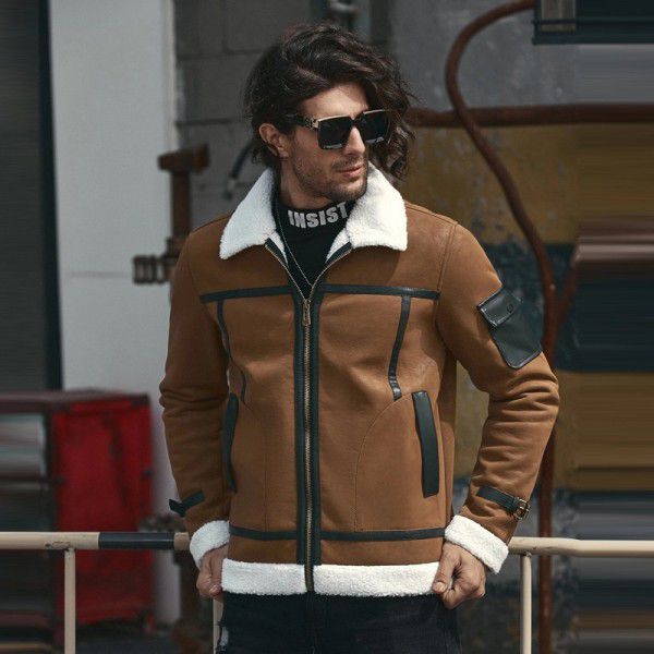 Flip collar plush leather jacket men's fur and fur integrated large leather jacket 