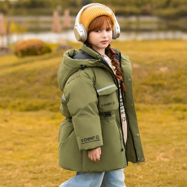 Children's down jacket, girl's medium length winter medium to large children's white duck down thickened fashionable jacket