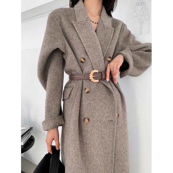 Autumn and winter women's extended high-end suit collar with double breasted wool coat temperament 