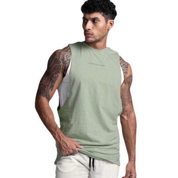 Summer Men's Sports Tank Top Trendy Brand Loose Large Split Solid Color Sleeveless T-shirt Quick Drying Round Neck Tank Top for Men