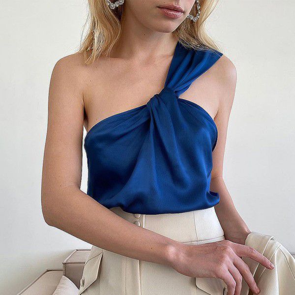 Summer Underwear Single Shoulder Skew Neck Design Feels Small and Unique Ice Silk Tank Top Klein Blue Versatile Commuter Women