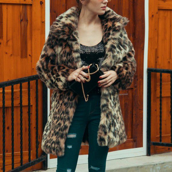 Women's fur coat, fashionable women's clothing, medium length leopard print artificial fur coat, winter thickened warm windbreaker