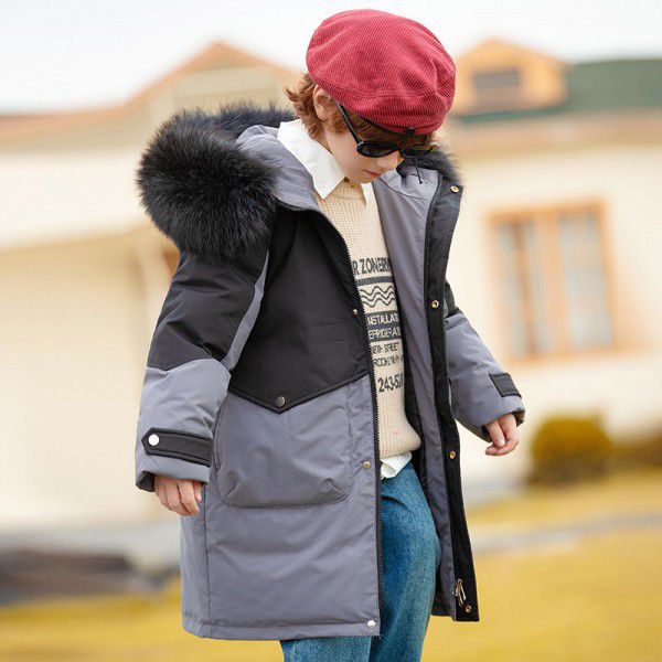 Children's down jacket, boys medium length winter medium to large children's clothing, boys thick and warm color patchwork jacket
