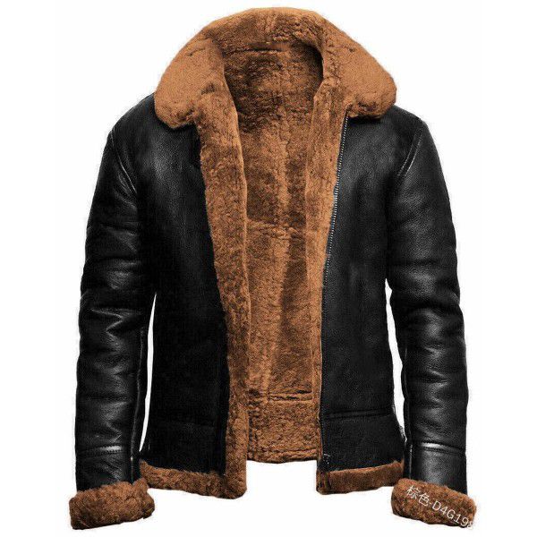 Faux leather winter jacket with integrated fur collar, medium length men's coat, heavy industry new product, zipper fur edge coat 