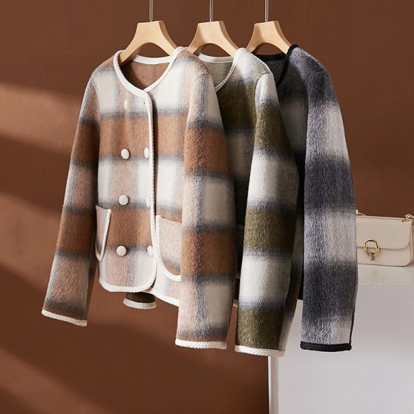 Checkered double-sided woolen coat for women's autumn and winter wool coat short coat for women's new style 