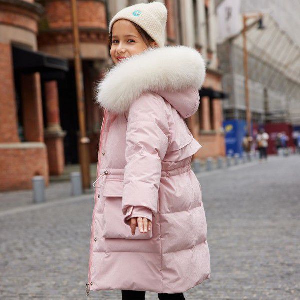 Children's down jacket, girl's medium length winter medium to large children's white duck down thickened warm jacket