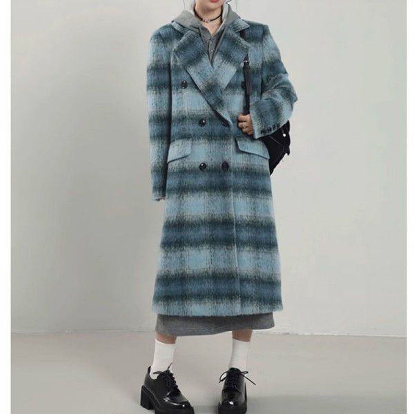 Blue plaid woolen coat for women's winter mid length woolen top coat 